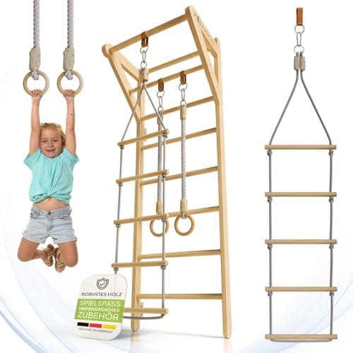Juskys® Sprossenwand für Kinder - mit Klimmzugstange, Indoor Klettergerüst mit Turnringen und Strickleiter, Kletterwand fürs Kinderzimmer, Turnstange - Jetzt günstig kaufen