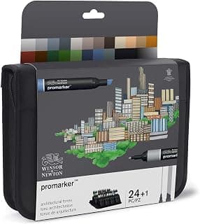Winsor & Newton 0290163​ ProMarker, Professioneller Layoutmarker - 2 Spitzen, fein und breit für Zeichnungen, Design und Layouts - Architektur Set 25 Stifte - Produktbild