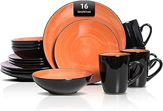 HomeVss Sonoma 16-teiliges Steingut-Essgeschirr-Set, außen schwarz mit schwarzen Sprenkeln (orange) - Details ansehen