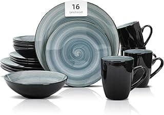 HomeVss Sonoma 16-teiliges Steingut-Essgeschirr-Set, außen schwarz mit schwarzen Sprenkeln (Blau) - Günstig online kaufen
