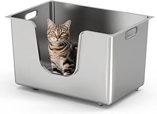 PTLOM Lebensmittelechtes Katzenklo Edelstahl XXL Katzentoilette 30cm Hohe Ränder Rostfrei,Auslaufsicher, Niedriger Einstieg für ältere Katzen + Rollen – Perfekt für Mehrkatzenhaushalte - Produktbild