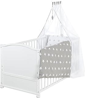roba Babybett Set Little Stars - 70 x 140 cm - Kinderbett mitwachsend / umbaubar + komplette Textilien im Sterne Design - Höhenverstellbar - Holz weiß - Stark reduziert