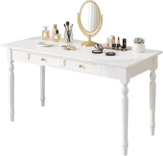 Massivholz Schreibtisch Landhausstil 120x60 cm Weiß, großer Profi Computertisch für Dual Monitor mit Metallauszug wackelfrei - Super Angebot