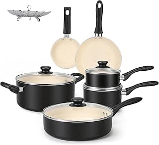 Amazon Basics 11-teiliges Kochgeschirr-Set mit Töpfen und Pfannen aus Keramik, antihaftbeschichtet, Schwarz/Creme - Amazon Angebot