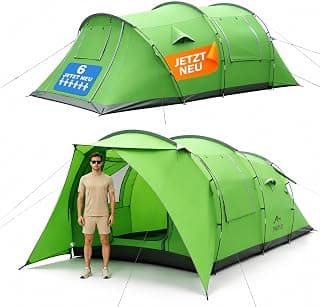 Zelt 6-7 Personen, 4000 mm Wassersäule & eingenähte Bodenwanne, Stehhöhe, Eingang mit Fliegengitter, Sonnendach & Privatsphäre-Trennvorhang, XXL Familienzelt Tunnelzelt für Camping Reisen Festival - Stark reduziert