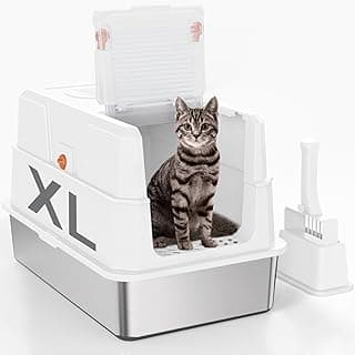 SZEE XL Edelsthal Katzenklo mit 180° Klappdeckel, Große Geschlossene Katzentoilette Edelstahl mit Deckel, Stainless Steel Cat Litter Box with Scoop-59x38x38cm, Weiß - Amazon Angebot