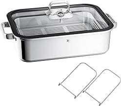 WMF Vitalis Aroma Dampfgarer, Bräter Induktion, 41x27x10 cm, Auflaufform 6,5l, Glasdeckel Silikonrand, Dampfgarer für Backofen, Garthermometer, Garblech, Cromargan Edelstahl unbeschichtet - Produktbild