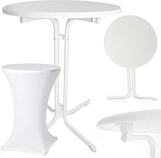 Stehtisch klappbar – mit festlicher Husse – 110cm hoch – Ø80 cm Tischplatte – rund– für In- & Outdoor –Bistrotisch – Biertisch – Gartentisch - Gartentisch Klapptisch (Weiß)
