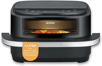Severin Heißluftfritteuse Pizza & More, Pizzaprogramme, 10 Garprogramme, optimale Wärmeverteilung, extra breite Form, mit Sichtfenster, 4L, 2100W, schwarz, silber, S-Fry, FR 2464 - Super Angebot