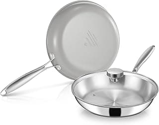 2-teiliges Pfannenset 28 cm, Edelstahlpfanne unbeschichtet, Antihaft Bratpfanne mit 28cm Universal-Glasdeckel, Stahlguss-Griff, Pfanne Induktion für alle Herdarten, Backofenfes - Amazon Angebot