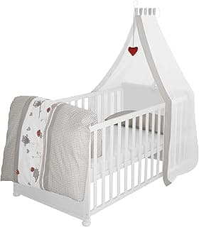 roba Babybett Set Adam & Eule - 70 x 140 cm - Mitwachsendes Kinderbett mit Bettwäsche, Himmel, Matratze - Höhenverstellbar - zu Juniorbett umbaubar - Holz weiß - Top Deal