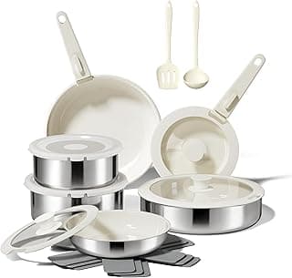16-Teiliges Antihaft-Kochset, Diamant-Titan-Keramik Pfanne& 3-Schichtiger Edelstahl Töpfe & Pfannen Set mit abnehmbarem Griff, Spülmaschinengeeignet, Induktionsgeeignet, Ofenfest - Produktbild
