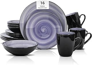 HomeVss Sonoma 16-teiliges Steingut-Essgeschirr-Set, außen schwarz mit schwarzen Sprenkeln (Saphir) - Details ansehen