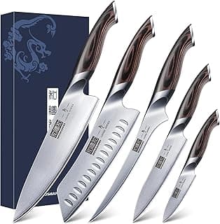 HOSHANHO Messerset 5 Teilig, Professionelles Küchenmessersets | Rostfreier Stahl mit Hohem Kohlenstoff, Ultrascharfer Kochmesser mit Ergonomischem Pakkaholzgriff - Amazon Angebot