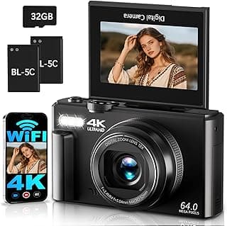 4K Digitalkamera mit WLAN 64MP Kamera Fotokamera 3 180° Klappbildschirm Fotoapparat Digitalkamera für Kinder Anfänger, 18X Digitalzoom, Autofokus, mit 32GB Karte, 2 Batterien - Jetzt günstig kaufen
