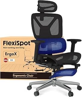 FLEXISPOT Ergonomischer Bürostuhl Schreibtischstuhl mit Fußstütze, 3D-Armlehnen, 3D-Kopfstütze, 5D-Rückenlehne, Atmungsaktiver Sitz Belastbar bis 136 kg Arbeitsstuhl, ErgoX, Schwarz - Produktbild