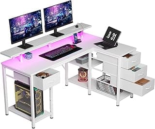 Seventable Computertisch L Form mit 4 Schubladen & Ablageflächen, Gaming Tisch mit LED & Steckdosen, Gaming Schreibtisch mit Monitorständer für Homeoffice, Schlafzimmer, Wohnzimmer (Weiß, 140 cm) - Günstig online kaufen