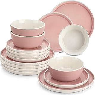 Steingut Geschirrset 6 Personen, vancasso Serie ELBA 18-tlg., Modern Geschirr Set in Rosa mit Speiseteller Dessertteller Müslischüsseln, Tafelservice 6 Personen, Schüssel- und Teller Set mit Stehrand - Produktbild