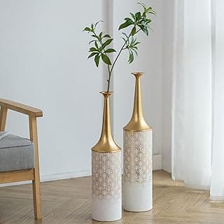 Sziqiqi Weiß Hoch Boden Vase Set - 66/60cm Extra Gross Bodenvase Große Vintage Blumenvase für Pampas Gras Federn Zweige Metall Schmale Hals Vasen für Wohnzimmer Schlafzimmer Tischdekoration - Details ansehen