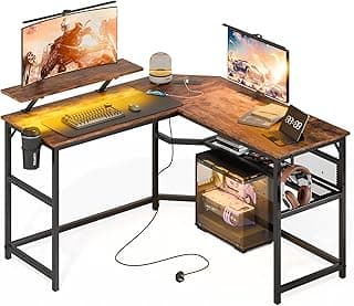 Mondeer Gaming Tisch L Form mit LED, 130 x 130 cm Eckschreibtisch mit 2 USB Ladeanschluss und 2 Steckdosen, Reversibler Schreibtisch mit Regal & Monitorständer, für Heimbüro Schlafzimmer, Braun - Details ansehen