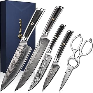 Sunnecko Damastmesser Set 5-teilig - Küchenmesser Set Messer Set - Damast Messer Scheren Kochmesser Profi Messerset Damaszener Stahl Küchenmesser,Geschenk für Köche - Günstig online kaufen