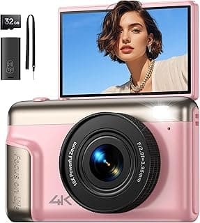 Digitalkamera 4K Fotokamera 64MP Kamera: Vlogging Fotoapparat für Videos mit 3 Klapp-Bildschirm Tragbare Batterie Kompaktkamera mit 16X Digitalzoom 32GB Karte für Kinder Anfänger Studenten (Rosa) - Top Deal