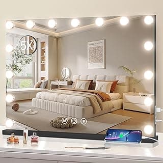 Kosmetikspiegel mit Lichtern, 58 x 48 cm, großer beleuchteter Spiegel mit Smart Touch, 3 Farben, dimmbar, Tischspiegel für Make-up-Schreibtisch schwarz - Details ansehen