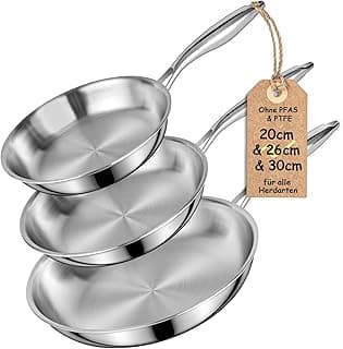 Dreilagige Edelstahl-Bratpfannen-Set 20/26/30 cm – Edelstahlpfanne unbeschichtet & Induktionspfanne, PTFE/PFAS/PFOA-frei, Für Alle Herdarten, Schnellwärmend, Backofenfest & Spülmaschinenfest - Details ansehen