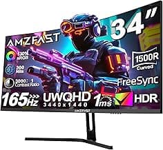 Amzfast 34 Zoll Curved Gaming Monitor - 165Hz(DP), 21:9 UltraWide QHD(3440x1440), 1 ms GtG, sRGB 130%, DCI-P3 95%, HDR, Adaptive Sync, Eyes-Care, VESA 75x75, HDMI 2.0*2/DP 1.4*2, PIP/PBP - AMZG34C5Q - Details ansehen