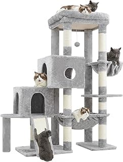 Hey-brother Kratzbaum, Katzenbaum mit Grosse Plattformen für Großkatze, 127 cm hoch, Treppenstruktur, Katzenkratzbaum mit 2 höhlen, geräumiger Hängematte, Sisalkratzbrett und Korb, Hellgrau MPJ071W - Günstig online kaufen