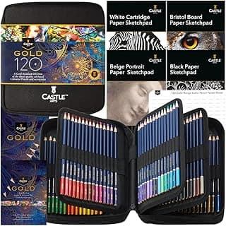 Castle Art Supplies Gold-Standard 120 Buntstifte-Set mit Extras | Hochwertige Farbkerne auf Ölbasis, spitzer, widerstandsfähiger gegen Bruch | Für erfahrene Künstler, Farbkünstler | Reißverschlussetui - Produktbild