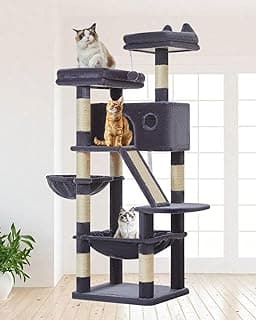 Taoqimiao 146CM Kratzbaum Groß, Katzenbaum Katzen Kratzbaum Grosse Katzen Stabil mit 2 Katzenhaus, Metallhängematte, Korb, 8 Kratzsäulen, Katzenkratztafel, MS026G Dunkelgrau - Details ansehen