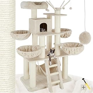 tectake Katzenbaum XXL, Kratzbaum groß, 195 cm, Kratzbaum deckenhoch, Kletterbaum mit Liegemulden, Hängematte, Treppe und Höhle, stabile Säulen mit Sisal, Spielbaum für Katzen - beige/weiß - Amazon Angebot