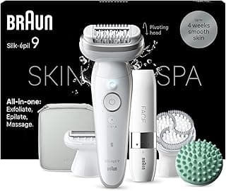 Braun Silk-épil 9 SkinSpa All-in-One Set, Epilierer Damen, Haarentferner für Langanhaltende Haarentfernung, Ladyshaver, Facespa Gesichtshaarentferner, 9-381, Weiß, Silber
