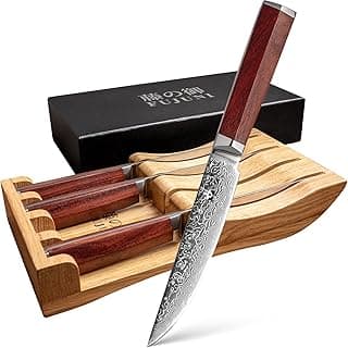 Steakmesser Set 4teilig, 4er Damast Steakmesser-Set Mit Extrem Scharf 12.5cm Klinge Aus 67 Lagen VG-10 Damaststahl steakmesser mit Holz Messerblock, Holzgriff, Geschenkbox - Stark reduziert