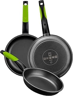 BRA Prior | Set mit 3 Bratpfannen, 18–22–26 cm, antihaftbeschichtetes Aluminiumguss, mit zwei sicheren grünen Untersetzern, geeignet für alle Herdarten, einschließlich Induktion - Details ansehen