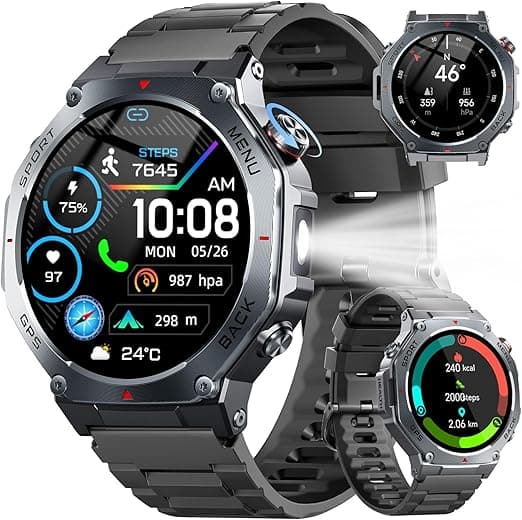 Smartwatch Herren GPS, 1,43AMOLED Militär Fitnessuhr mit Bluetooth Anrufe, Kompass 160+ Sportmodi, 5ATM Wasserdicht, 24/7 Herzfrequenz, Schlafmonitor, Schrittzähler, Sportuhr Outdoor Android für iOS - Super Angebot