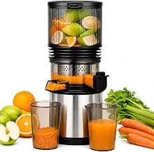 AMZCHEF Entsafter - Slow Juicer mit 158 mm großem Einfüllschacht für Ganze Gemüse und Obst, leicht zu reinigen, Kaltpress-Entsafter mit Saft- und Tresterbecher, hohe Saftausbeute, Silber/Schwarz - Super Angebot