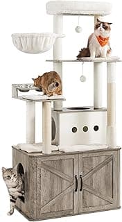 Feandrea Kratzbaum, 170 cm hoch, mehrstöckiger Katzenbaum, große Höhle, Liegemulde, Kratzstämmen, Plüschbälle, Katzenklo-Schrank, Greige meliert PCT169K02 - Details ansehen