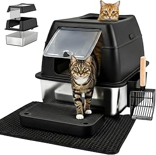 Katzenklo Edelstahl mit Deckel XXL – Geschlossene Katzentoilette mit 2 Eingängen, Trittstufe, Schaufel & Matte – Leicht zu Reinigen, Geruchshemmend, Cat Litter Box für große Katzen, Schwarz - Stark reduziert