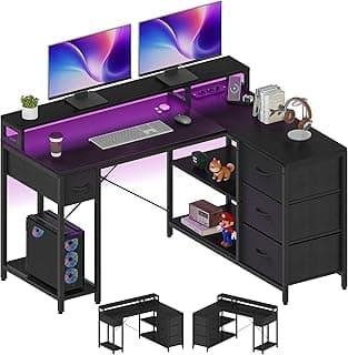 YITAHOME L Form Schreibtisch mit USB Ladeanschluss und Steckdose,Reversible Eckschreibtisch mit 4 Schubladen und Regal,Gaming Schreibtische mit Monitorständer,140x100 cm Computertisch für Büro,schwarz - Amazon Angebot