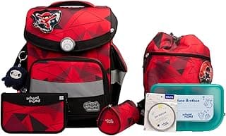 SCHOOL-MOOD Timeless Pro Schulranzenset 7-teilig 23,5L Stauraum, ergonomisches Easy Fit System für 1 m bis 1,50 m Körpergröße, standfest, wasserdichter Stoff mit Reflektoren (Kai Ninja) - Details ansehen
