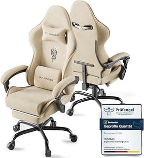 Huracan Gaming Stuhl mit Massage Lendenwirbelstütze, Verstellbare Armlehnen Gaming Chair, Gamer Stuhl Ergonomisch mit Fußstütze, Samtstoff, 90-160° Rückenlehne verstellbar Gaming Sessel, 150KG（Beige） - Super Angebot