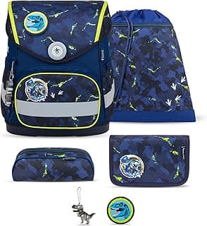 Belmil Compact mit Patches Schulranzen Set 5-teilig mit Brustgurt (405-41/AG/B/S) (T-rex) - Amazon Angebot