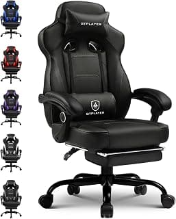 GTPLAYER Gaming Stuhl mit Fußstütze, Ergonomischer Bürostuhl 180kg, Schwerlast Gaming Sessel mit Lendenwirbelstütze und Kopfstütze, Höhenverstellbarer Computerstuhl, Gepolstert, neigbare 155°, Schwarz - Super Angebot