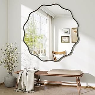 BEAUTYPEAK Runder Spiegel 106 cm, Gewellter Rund Wandspiegel, Badezimmerspiegel, Metallrahmen, einfache Montage, Modern für Bad, Wohnzimmer, Schlafzimmer, Flur, Eingangsbereich - Amazon Angebot