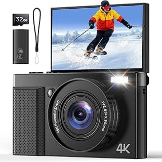 4K Digitalkamera 64MP AutoFokus Fotokamera: 16X Digitalzoom 180° Klapp 3IPS Bildschirm 32GB Karte für Vlog - Schwarz Kamera - Geschenk Anfänger Teenager Kids - Stark reduziert