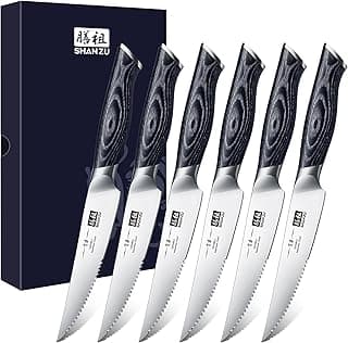 SHAN ZU Steakmesser Set 6 teilig Steakmesserset Profi Scharfe Küchenmesser Kochmesser aus Hochwertigem Carbon Edelstahl Chefmesser mit Ergonomischer K133 Holzgriff- GENBU Series - Produktbild