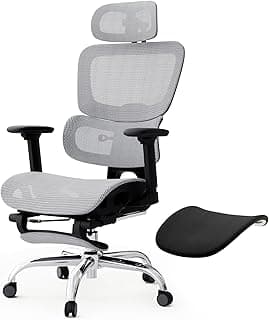 Ergonomischer Bürostuhl Voll-Mesh mit Abnehmbarem Kissen, Fußstütze, Höhenverstellbarem Rückenlehne, Kopfstütze & Armlehnen, Selbstanpassende Lendenstütze, PU-Rollen, 360° Drehbar, 150 kg , Hellgrau - Amazon Angebot
