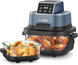 FOHERE Tragbare Heißluftfritteuse, 4-in-1 Heißluftfrittieren für Bake, Recrisp, Max Crisp, Airfryer, 4 L &1.5 L, 6 Portionen, kompakt, 2x herausnehmbare Glasbehälter & Deckel, Blau - Amazon Angebot